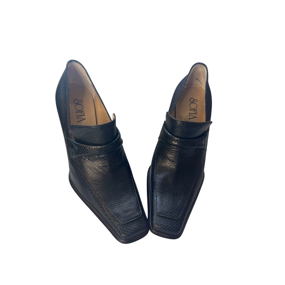 Sofia 3.5" Heeled Loafers‎ Square Toe Leather Pumps Black Made in Italy Size 36